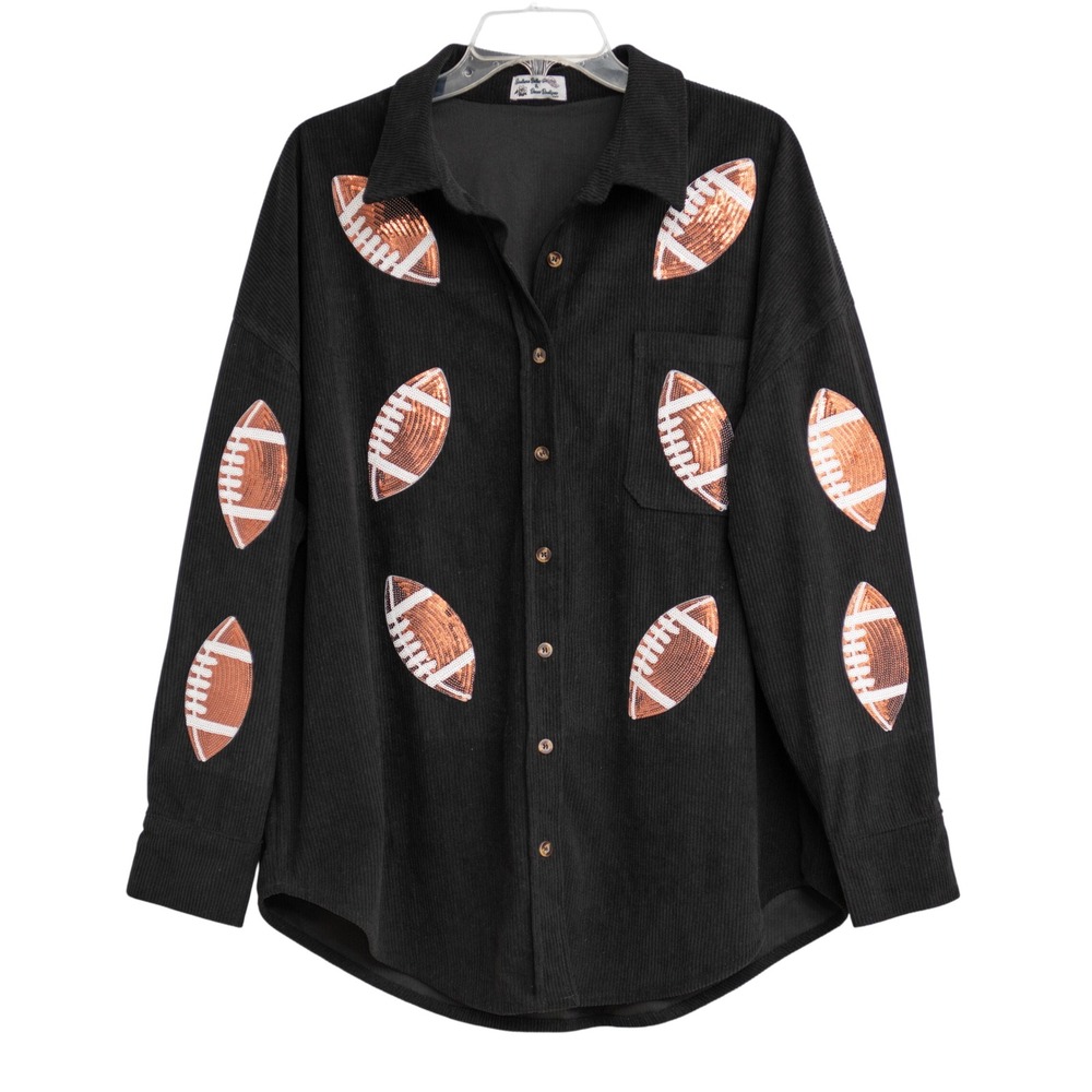 Black Corduroy Sequin Football Button Down Shacket Southern Belle Girly Football